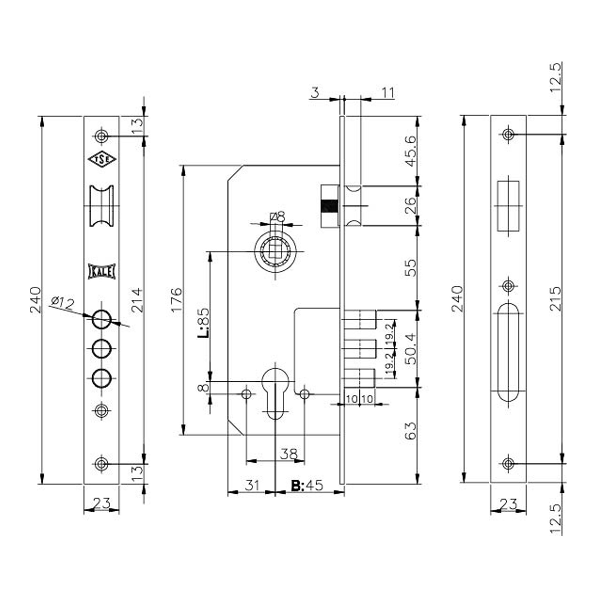 Корпус Kale kilit (Кале килит) врезного замка с защёлкой 152/3MR (45 mm) w/b (латунь) 