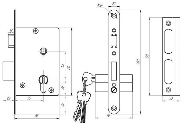 Замок Zenit (Зенит) врезной цилиндровый с защёлкой в комплекте с ручкой ЗВ4-3.03 (серебро), 4 кл. 