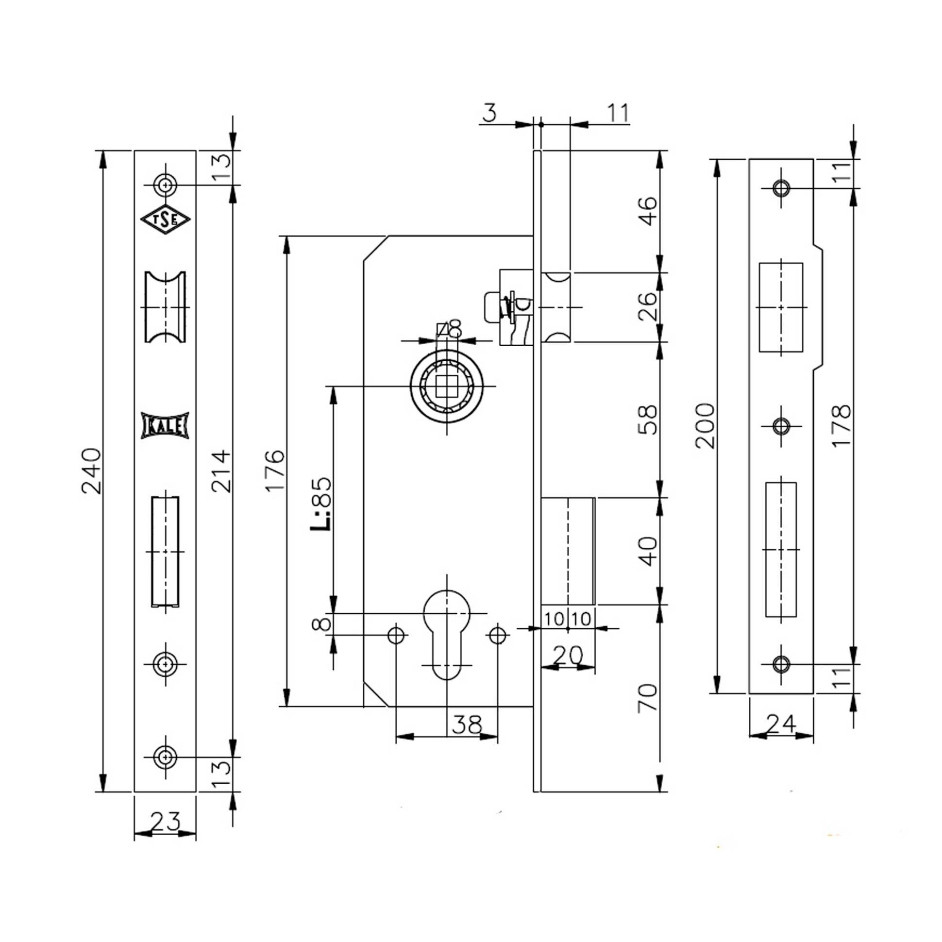 Корпус Kale kilit (Кале килит) врезного замка с защёлкой 152/R (35 mm) w/b (латунь) 