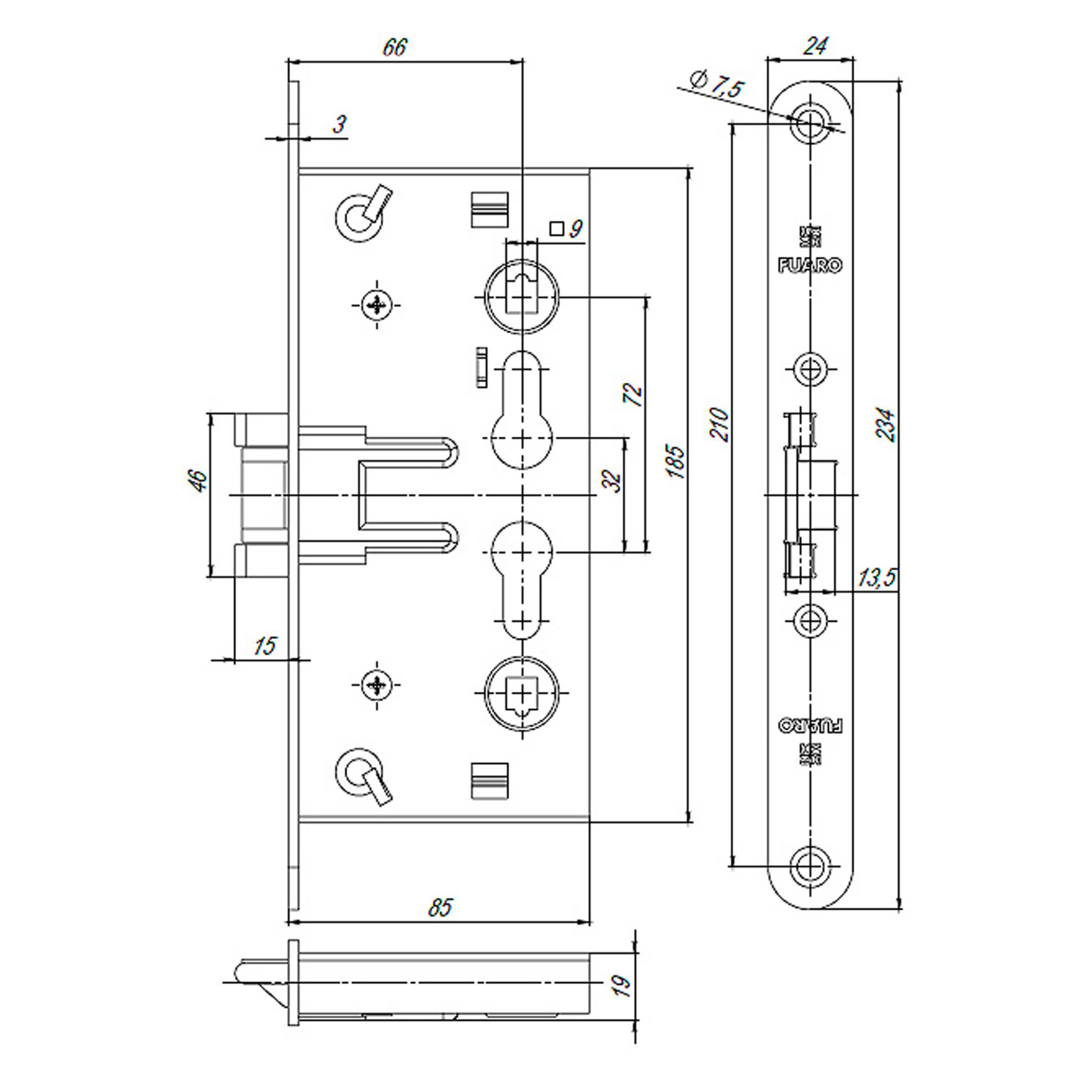 Корпус Fuaro (Фуаро) врезного замка c защёлкой FP.C-65.72-0432 (FL-0432) 