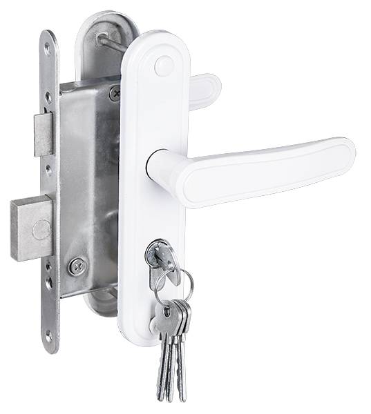 Замок Zenit (Зенит) врезной цилиндровый с защёлкой в комплекте с ручкой ЗВ4-3.03 (белый), 4 кл. 