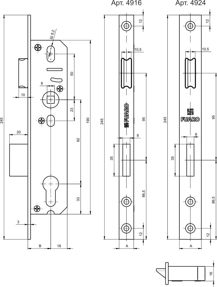 Корпус Fuaro (Фуаро) узкопрофильного замка с защелкой PROF4916-25/92 CP хром 