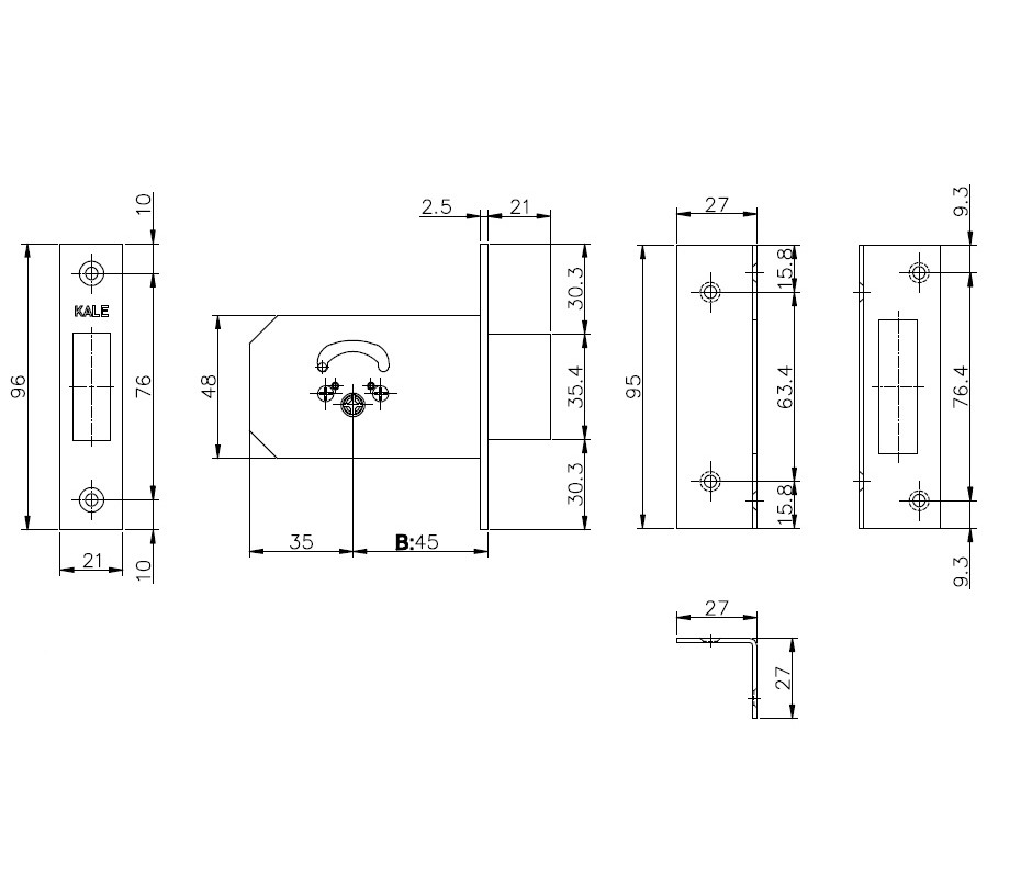 Замок Kale kilit (Кале килит) врезной крестообразный 156/F (45 mm), 3 кл. 