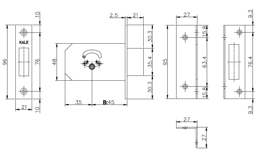 Замок Kale kilit (Кале килит) врезной крестообразный 156/F (45 mm), 5 кл. 