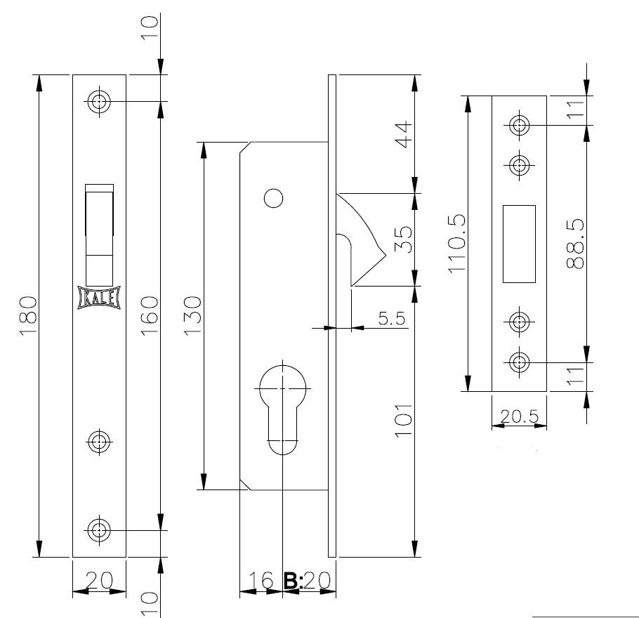 Замок Kale kilit (Кале килит) врезной цилиндровый узкопрофильный 201 (20 mm) (никель), 3 кл. 