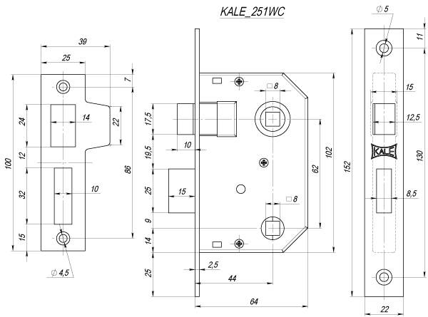 Защелка Kale kilit (Кале килит) врезная 251 WC (44 mm) (латунь), прав. 