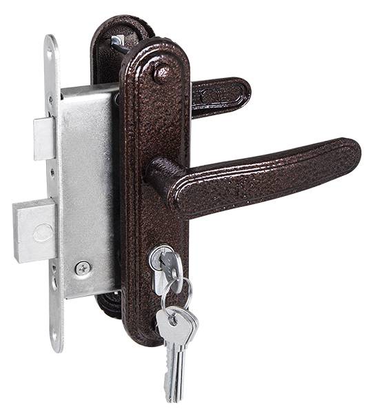 Замок Zenit (Зенит) врезной цилиндровый с защёлкой в комплекте с ручкой ЗВ4-3.03 (медь), 4 кл. 