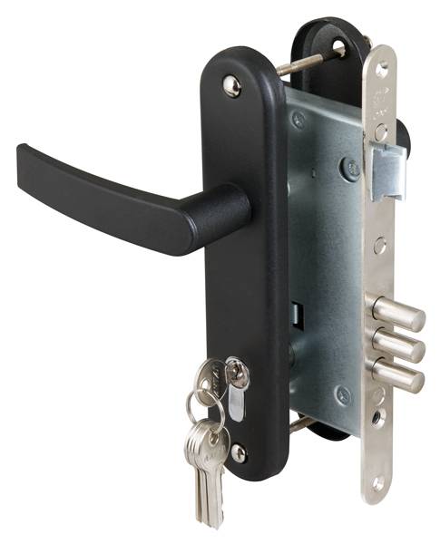 Замок Sam (Сам) врезной цилиндровый с защёлкой в комплекте с ручкой ЗВ4-3 (черный муар), 5 кл. /78401/ 