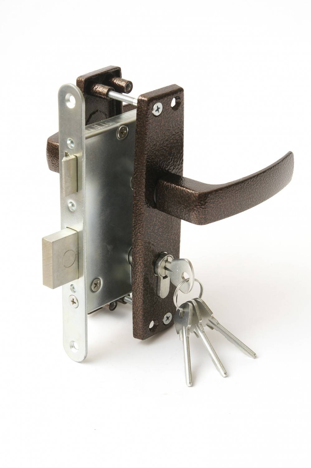 Замок Zenit (Зенит) врезной цилиндровый с защёлкой в комплекте с ручкой ЗВ4-3.04 (медь), 4 кл. 