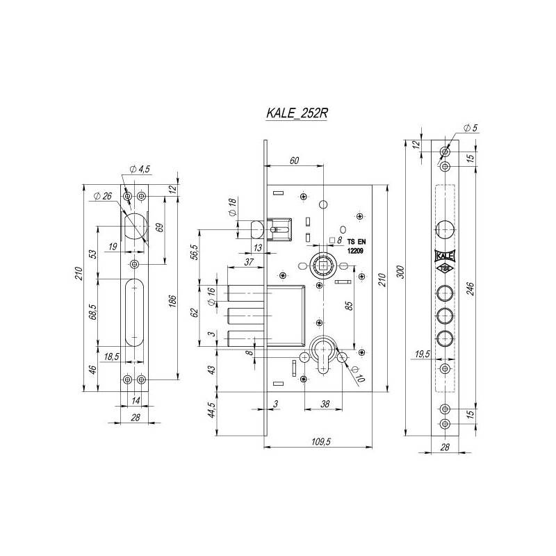 Корпус Kale kilit (Кале килит) врезного цилиндрового замка с защёлкой 252/R w/b 