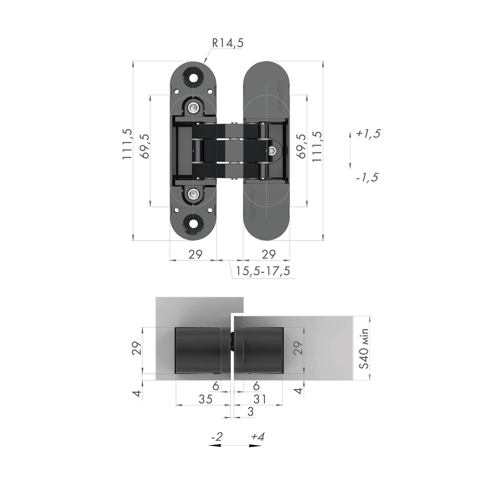 Петля Armadillo (Армадилло) скрытой установки U3D6000 SN (11160UN3D) мат. никель 