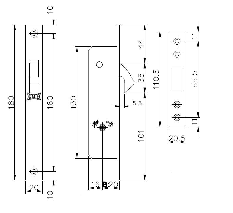 Замок Kale kilit (Кале килит) врезной крестообразный узкопрофильный 201F (20 mm) (никель), 3 кл. 