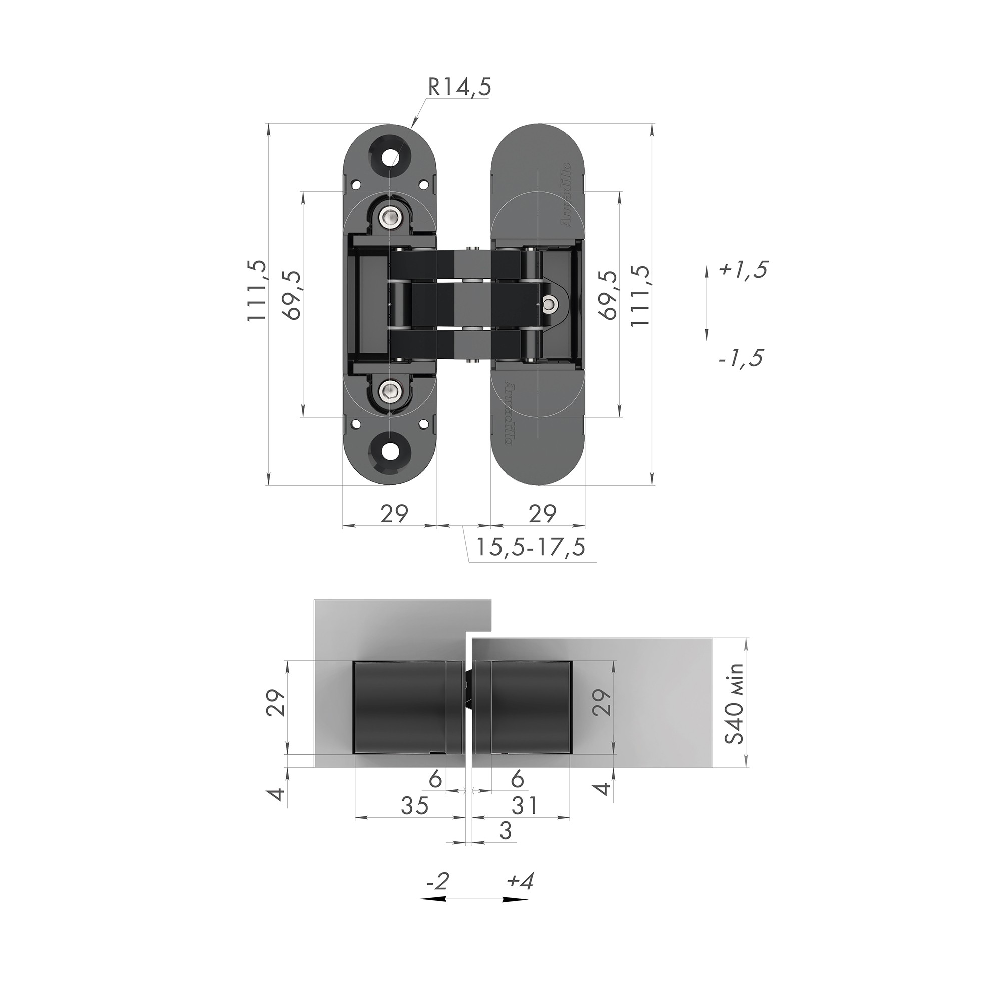 Петля Armadillo (Армадилло) скрытой установки U3D6000 SG (11160UN3D) мат. золото 