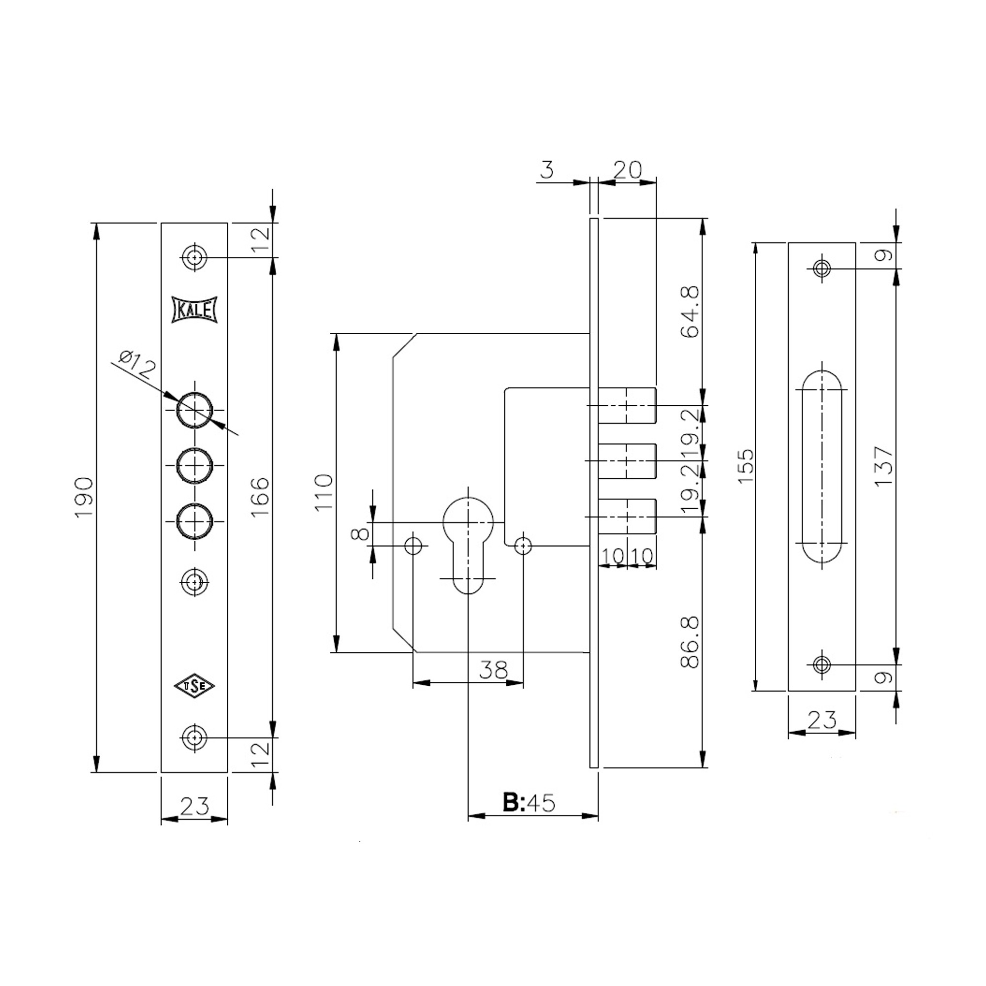 Корпус Kale kilit (Кале килит) врезного замка 189/3M (45 mm) w/b (латунь) 