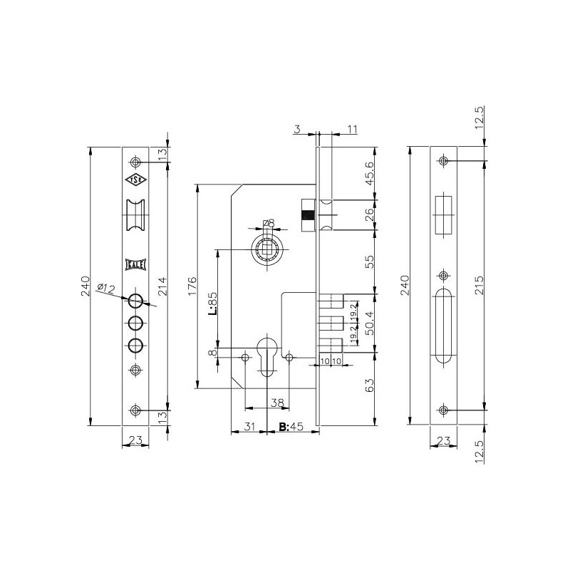 Корпус Kale kilit (Кале килит) врезного замка с защёлкой 152/3MR (45 mm) w/b (никель) 