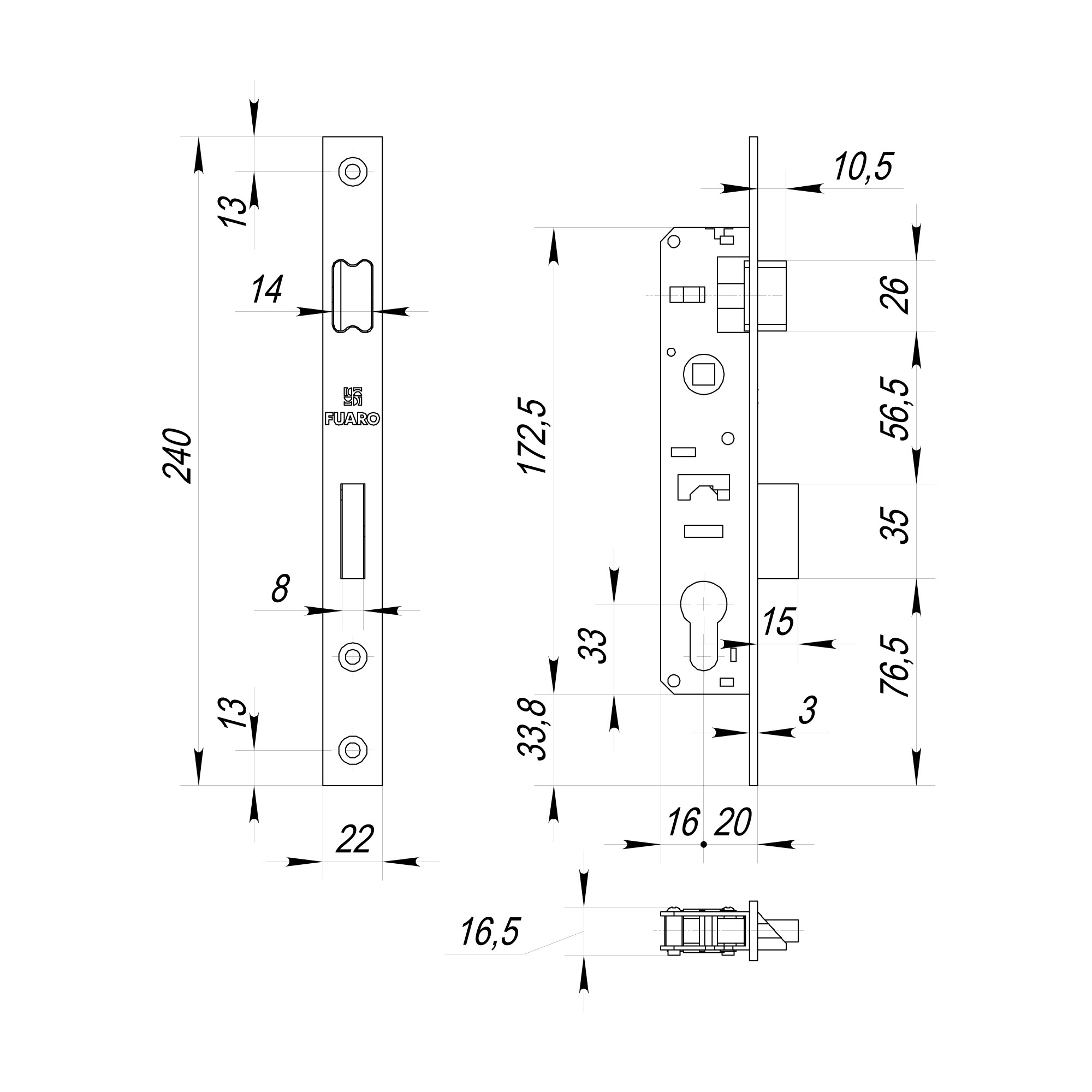 Корпус Fuaro (Фуаро) узкопрофильного замка с защелкой PROF153-20/85 (153-20/85) CP хром 