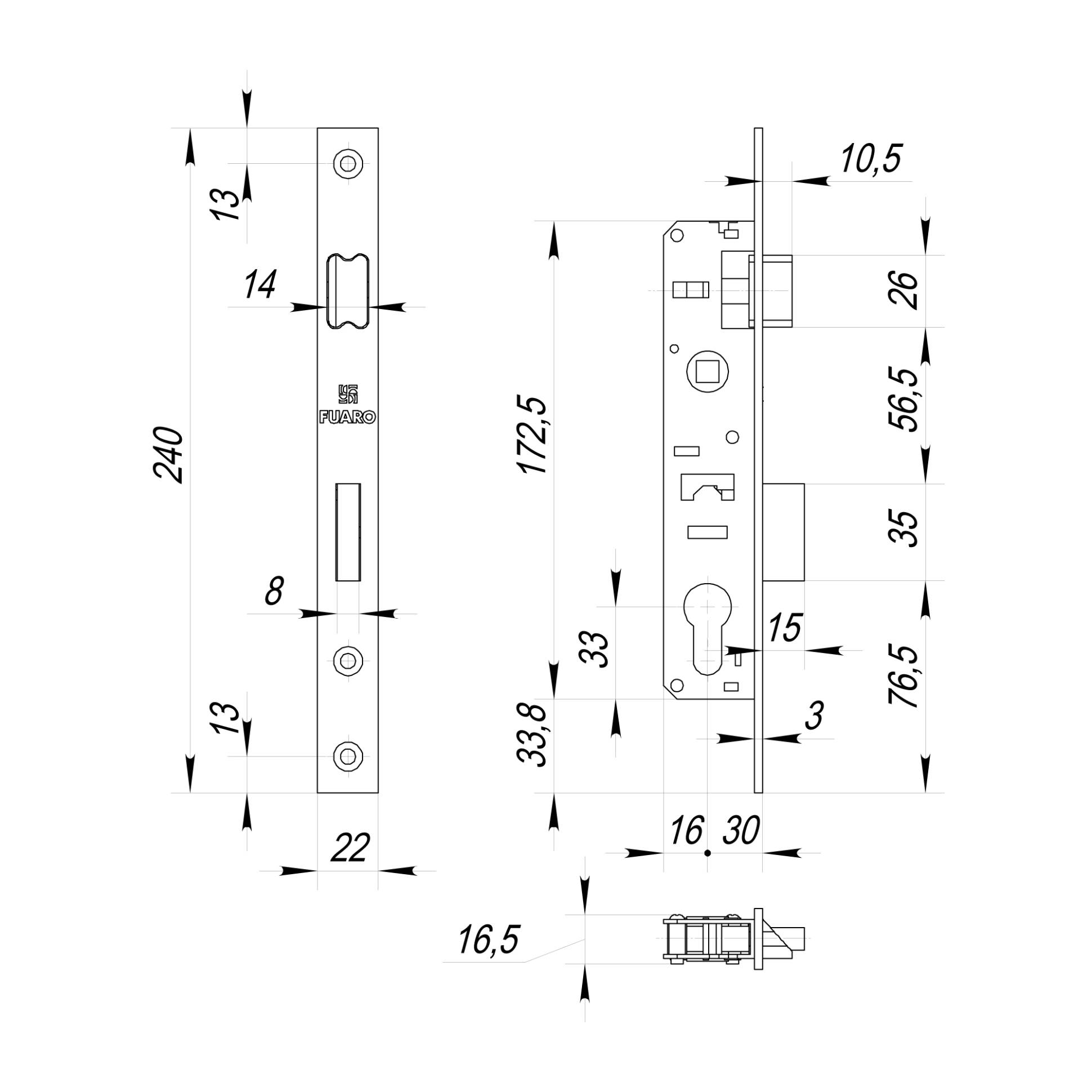 Корпус Fuaro (Фуаро) узкопрофильного замка с защелкой PROF153-30/85 (153-30/85) CP хром 